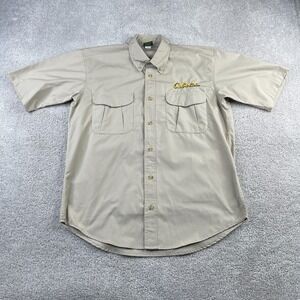 Cabelas Shirt Mens Medium Tan Khaki Spellout‎ Logo Embroidered Hunting Button Up